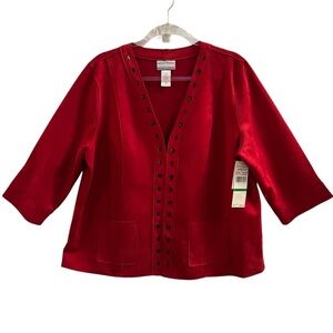 ALFRED DUNNER JACKET, Sz PL, Red Faux Suede Blazer w/ 3/4 Sleeves & Pockets, NEW